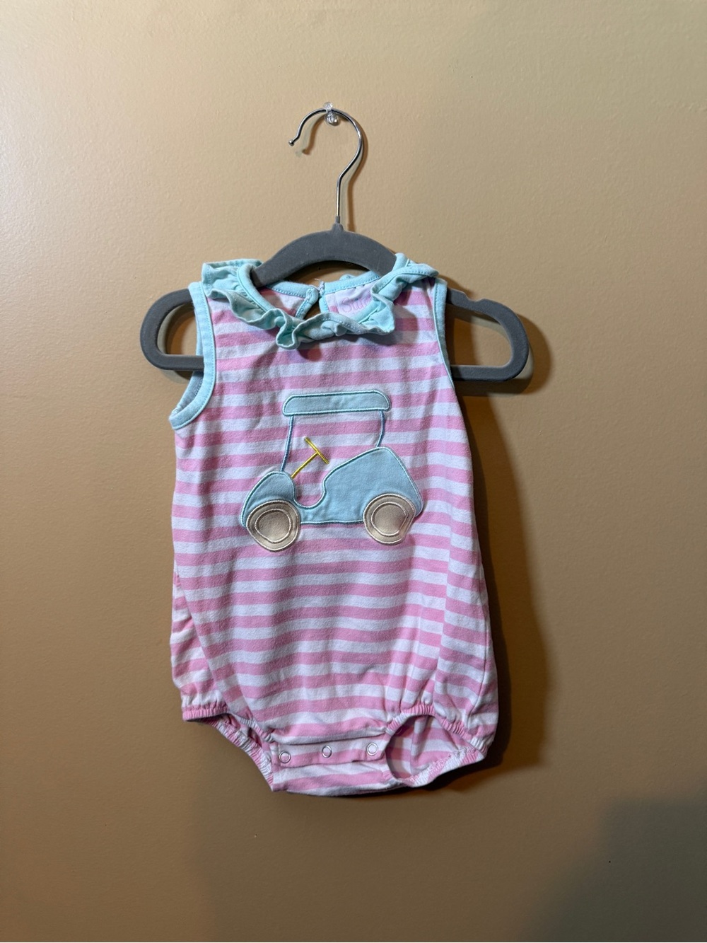 Stitchy Fish Golf Cart Bubble Romper 12M Pink Stripe Ruffle Boutique